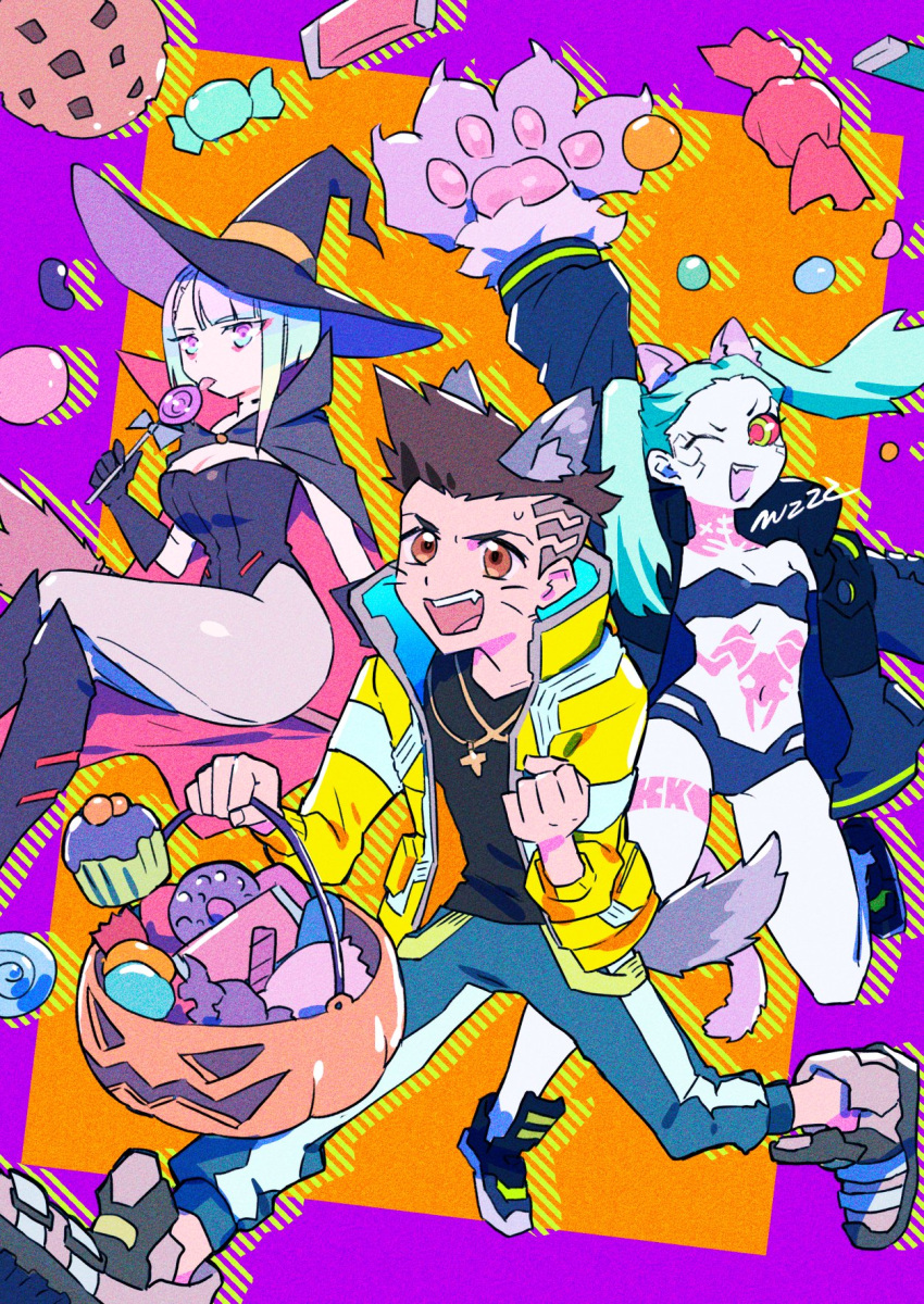 1boy, 2girls, animal_ears, candy, cat_girl, cookie, cupcake, cyberpunk_(series), cyberpunk_edgerunners, david_martinez, doughnut, fake_animal_ears, fake_tail, food, halloween, halloween_bucket, halloween_costume, hat, highres, jack-o'-lantern, jelly_bean, lollipop, lucy_(cyberpunk), multiple_girls, one_eye_closed, pumpkin, rebecca_(cyberpunk), samurai_jacket_(cyberpunk), shoes, sneakers, tail, trick_or_treat, wazuka_(wzzc), werewolf_costume, witch, witch_hat