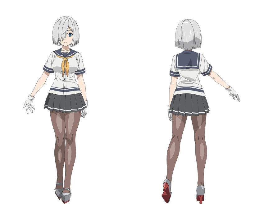 1girl, black_pantyhose, black_skirt, blue_eyes, breasts, gloves, grey_hair, hair_ornament