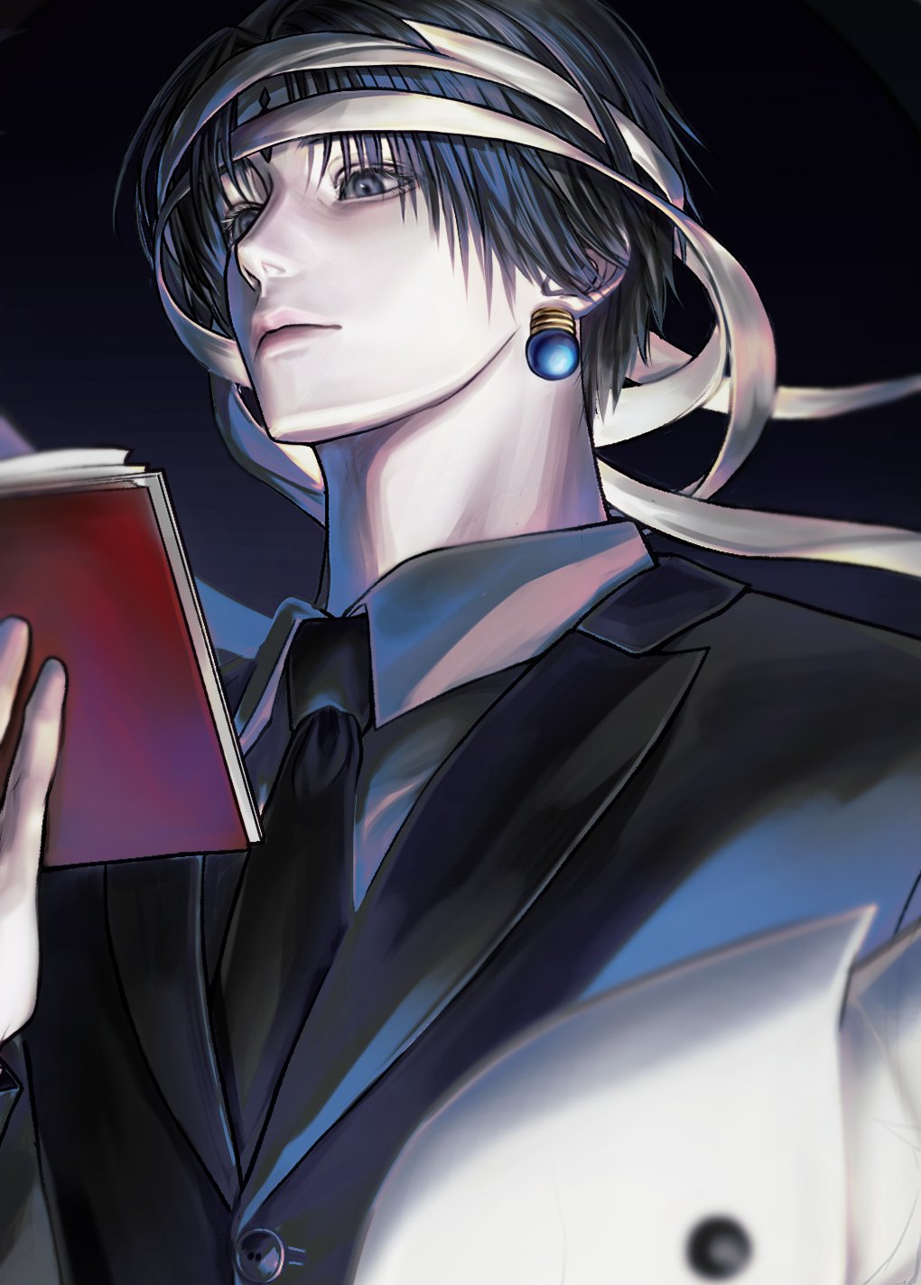 1boy, black_hair, black_suit, book, chrollo_lucilfer, cross, earrings, facial_tattoo