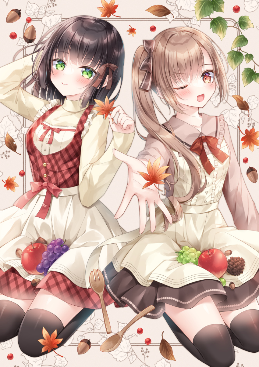 2girls, acorn, apron, arm_behind_head, arm_up, autumn_leaves, black_hair, black_legwear