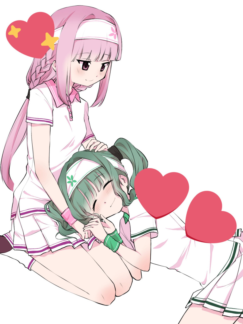 2girls, aqua_hair, bangs, black_scrunchie, blunt_bangs, blush, braid, buttons