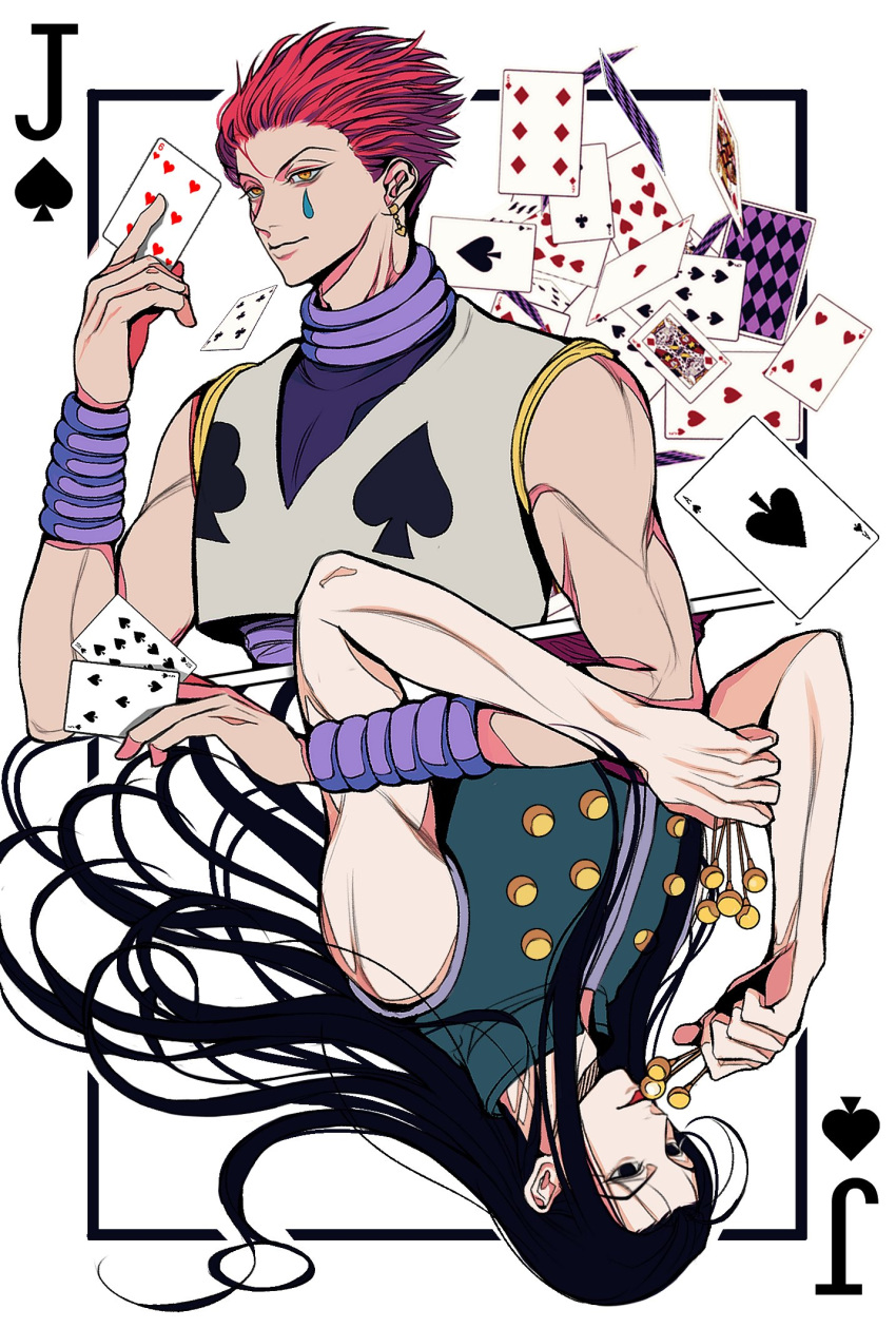 2boys, bangs, black_eyes, black_hair, card, cropped_torso, earrings, expressionless, hand_up, heart, highres, hisoka_morow, holding, holding_card, holding_needle, hunter_x_hunter, illumi_zoldyck, jewelry, joker_(card), licking_object, long_hair, male_focus, multiple_boys, needle, pale_skin, playing_card, poker, print_shirt, red_nails, rotational_symmetry, shirt, short_hair, sleeveless, spade_(shape), spiky_hair, suhoyongjungtea, toned, yellow_eyes