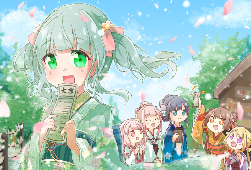 6+girls, :d, aqua_hair, aqua_kimono, bangs, blonde_hair, blue_hair, blue_kimono