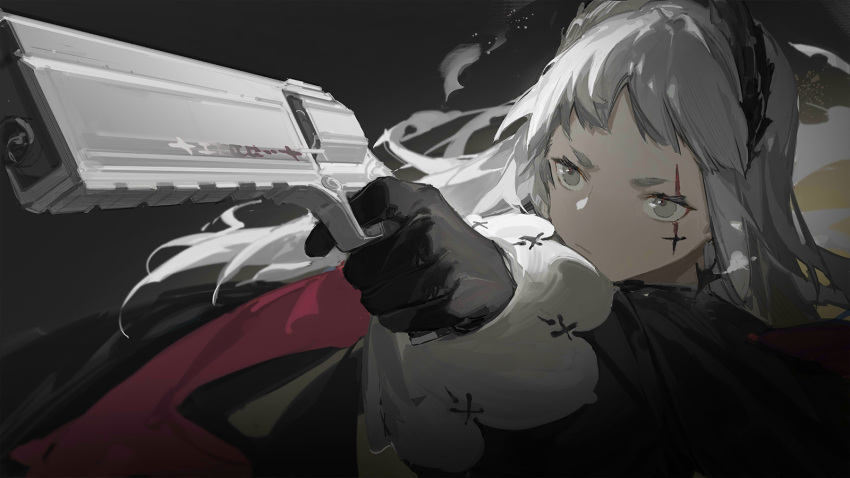 1girl, arknights, artist_request, black_background, black_gloves, gloves, grey_eyes, grey_hair