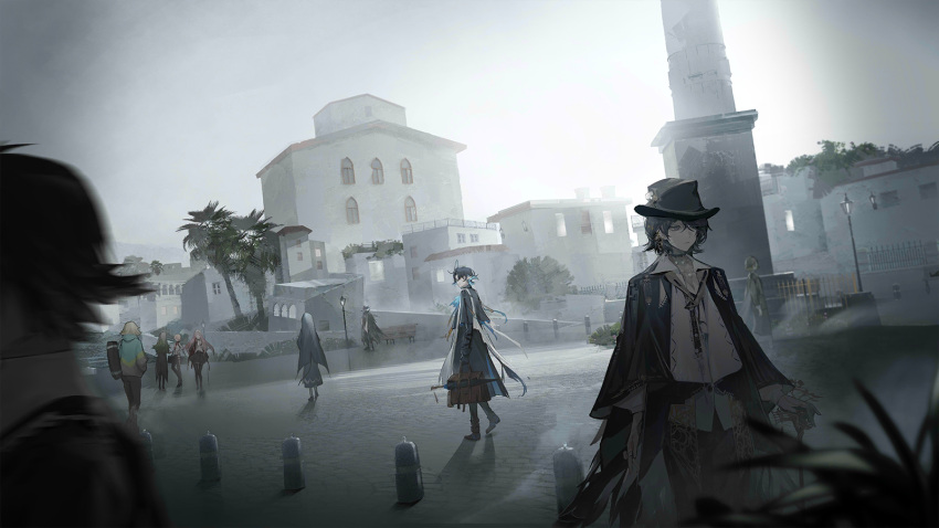 1other, 3boys, 6+girls, alty_(arknights), amaia_(arknights), arknights, artist_request, aya_(arknights), cloak, dan_(arknights), frost_(arknights), full_body, grey_sky, hat, highres, holding, holding_umbrella, jacket, long_hair, looking_back, lumen_(arknights), multiple_boys, multiple_girls, official_art, open_clothes, outdoors, standing, stultifera_navis, top_hat, turning_around, ulpianus_(arknights), umbrella, walking