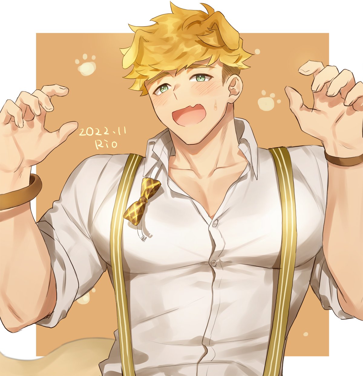 1boy, animal_ears, bangs, blonde_hair, blush, bow, bowtie, bracelet, collared_shirt, dog_boy, dog_ears, granblue_fantasy, green_eyes, highres, jewelry, large_pectorals, loose_bowtie, male_focus, muscular, muscular_male, open_mouth, pectorals, rio_mukiniki, shirt, short_hair, smile, solo, suspenders, undercut, upper_body, vane_(granblue_fantasy), white_shirt