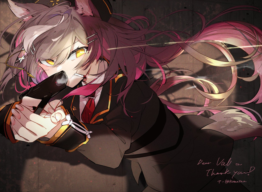 1girl, animal_ears, black_suit, brown_hair, business_suit, chisaka_airi, cigarette, collared_shirt