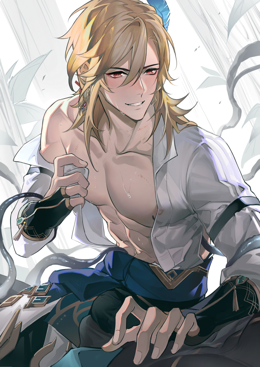 1boy, abs, absurdres, blonde_hair, collarbone, feather_hair_ornament, feathers, genshin_impact