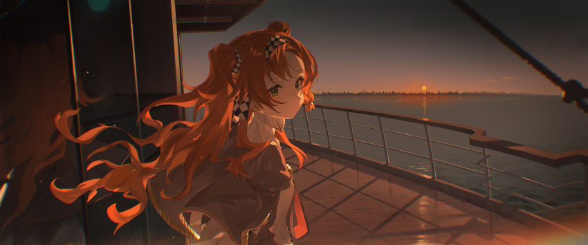 1girl, absurdres, blue_sky, brown_capelet, building, capelet, character_request, checkered_hairband