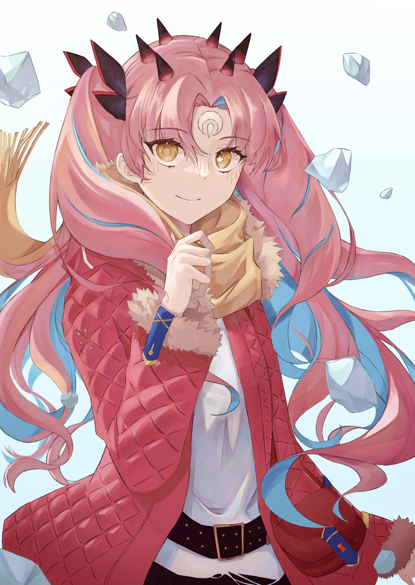 1girl, absurdres, belt, blue_hair, casual, coat, colored_inner_hair, daachan, facial_mark, fate/grand_order, fate_(series), forehead_mark, highres, horns, ishtar_(fate), long_hair, looking_at_viewer, mismatched_pupils, multicolored_hair, pink_hair, red_coat, scarf, shirt, smile, solo, space_ishtar_(fate), space_ishtar_(third_ascension)_(fate), symbol-shaped_pupils, twintails, two_side_up, white_shirt, yellow_eyes