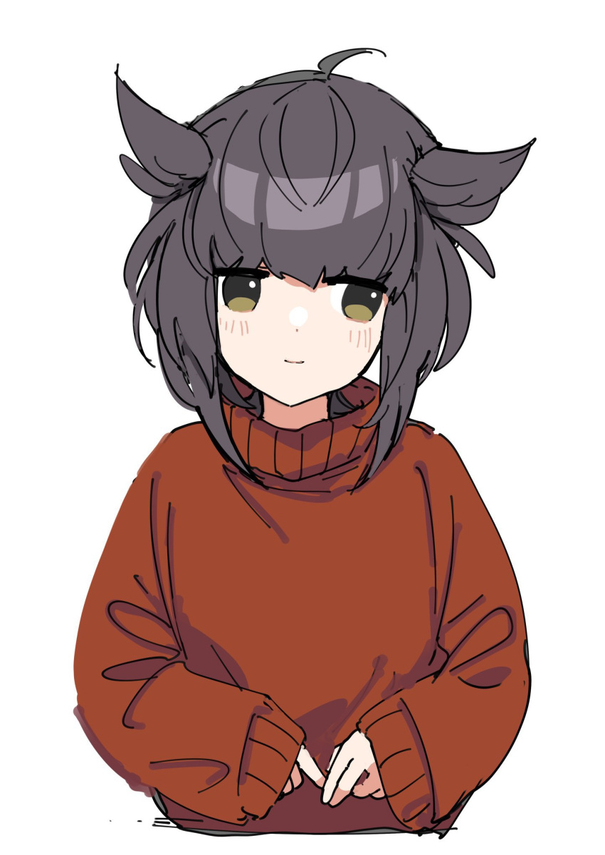 1girl, ahoge, alternate_costume, brown_eyes, brown_hair, eyebrows_visible_through_hair, hair_flaps, hair_horns