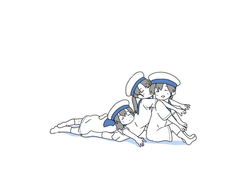 3girls, absurdres, black_hair, blue_sailor_collar, closed_eyes, daitou_(kancolle), dress, hat, hiburi_(kancolle), highres, kantai_collection, leaning_on_person, low_ponytail, lying, madmag1990, monochrome, multiple_girls, negative_space, on_stomach, sailor_collar, sailor_dress, sailor_hat, short_hair, short_sleeves, shounan_(kancolle), sidelocks, twintails, white_dress, white_headwear