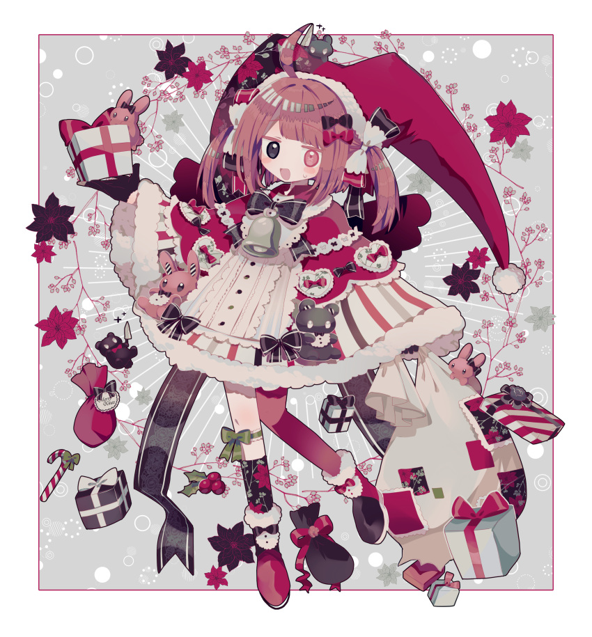 1girl, absurdres, ahoge, asymmetrical_legwear, bangs, bell, black_bow, black_eyes, black_gloves, black_headwear, black_ribbon, boots, bow, box, brown_hair, candy, candy_cane, capelet, dress, flat_chest, food, footwear_bow, full_body, fur_trim, gift, gift_box, gloves, hat, heterochromia, highres, holding, holding_sack, long_sleeves, mismatched_legwear, neck_bell, neck_ribbon, open_mouth, original, pink_eyes, red_capelet, ribbon, sack, santa_hat, smile, socks, solo, sweat, twintails, usagi_nui