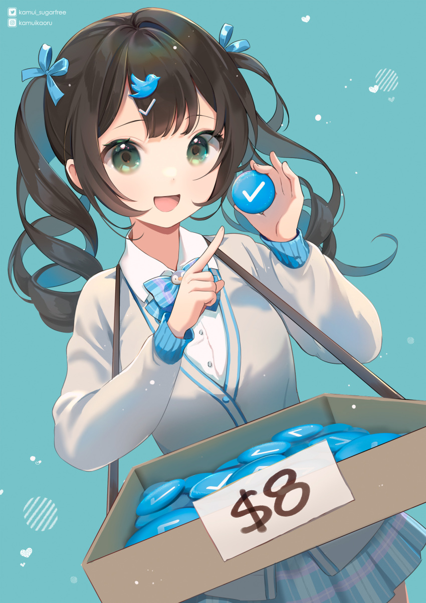 1girl, :d, badge, bangs, bird, black_hair, blue_bow, blue_bowtie