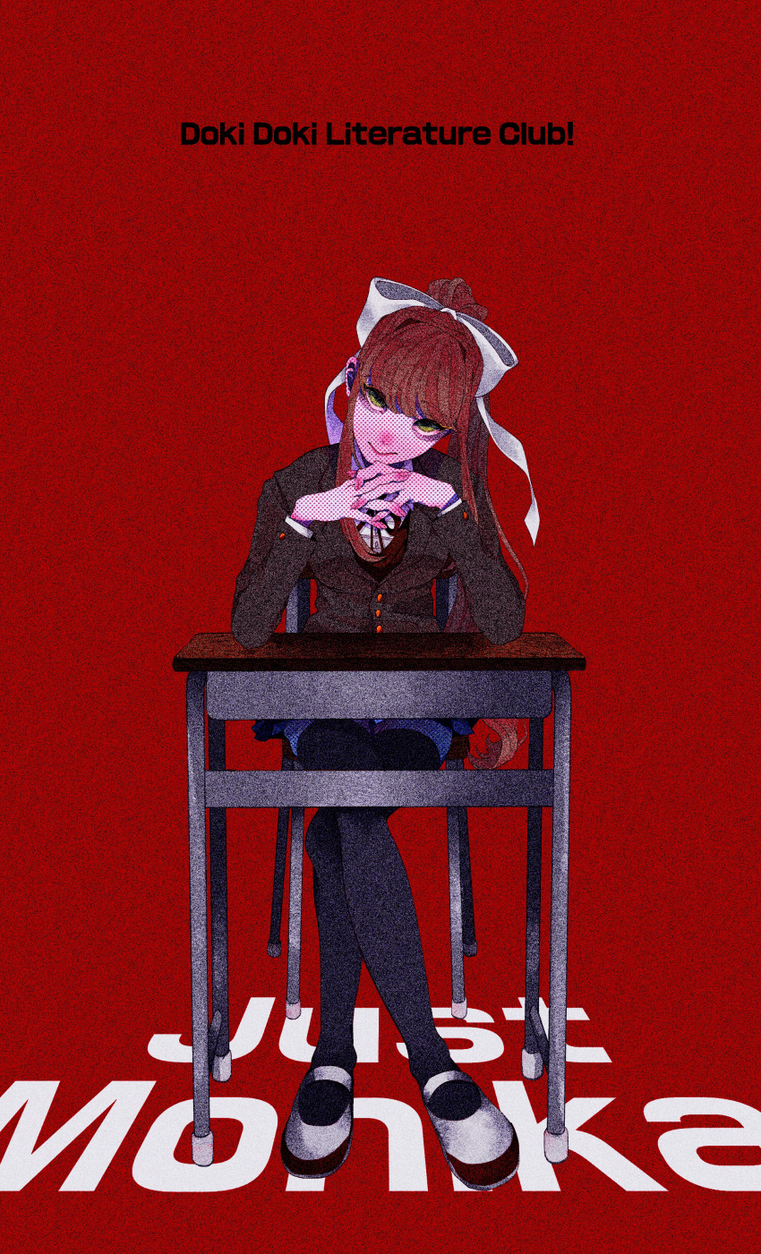 1girl, 385_(miyako), absurdres, black_pantyhose, doki_doki_literature_club, hair_between_eyes, hair_ornament, hair_ribbon