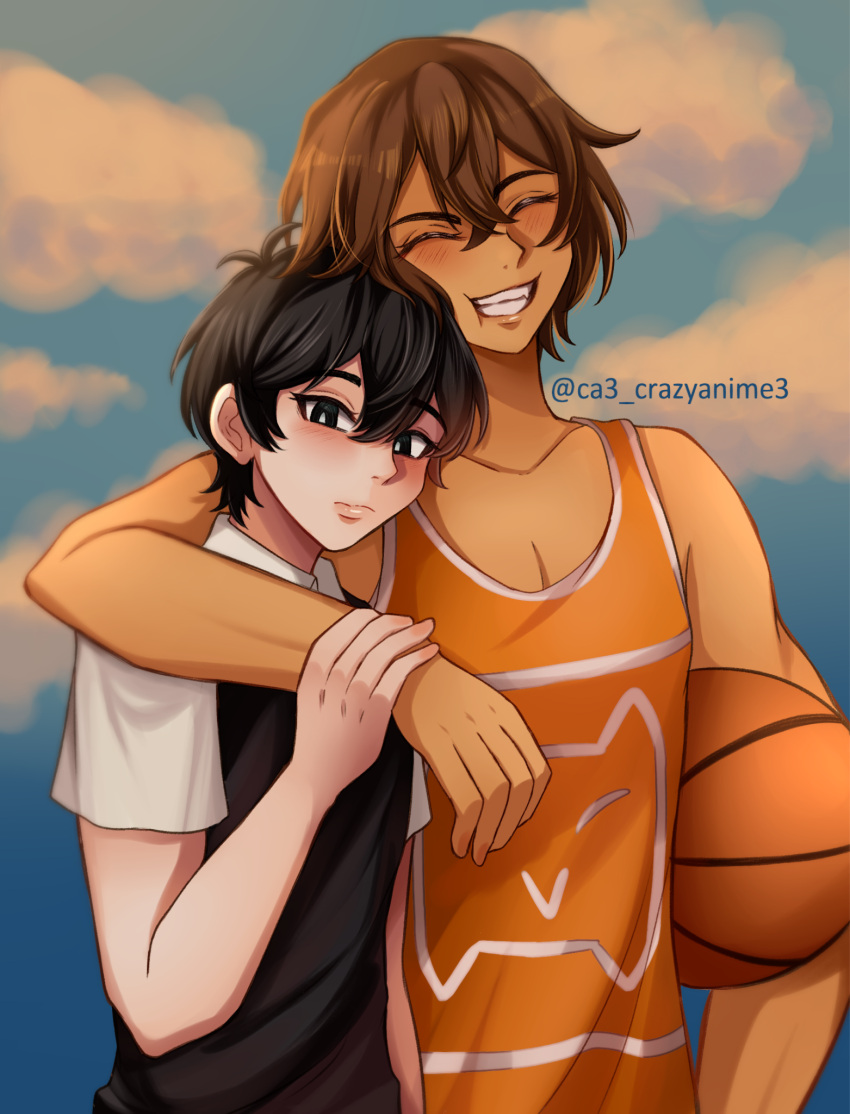 2boys, arm_around_shoulder, ball, basketball, black_eyes, black_hair, black_sweater_vest, blush