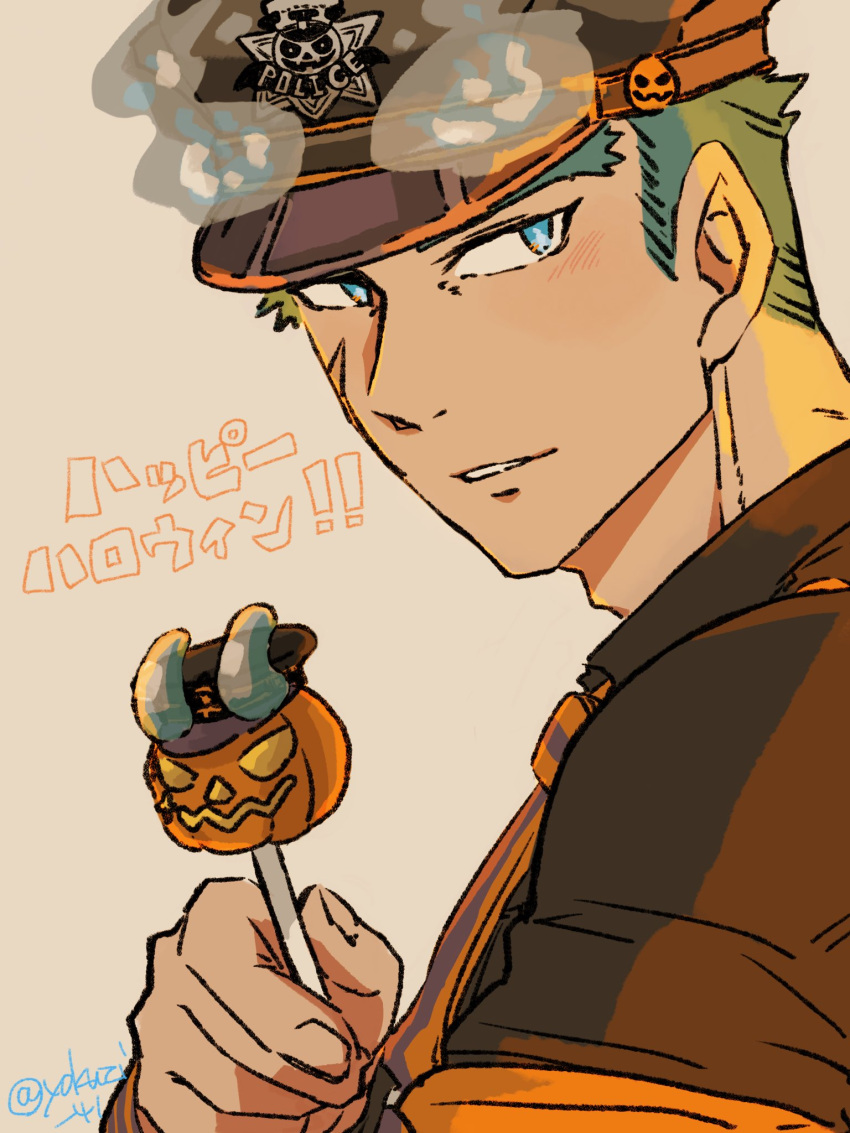 1boy, blonde_hair, blue_eyes, blue_fire, blue_hair, blush, brown_background, candy