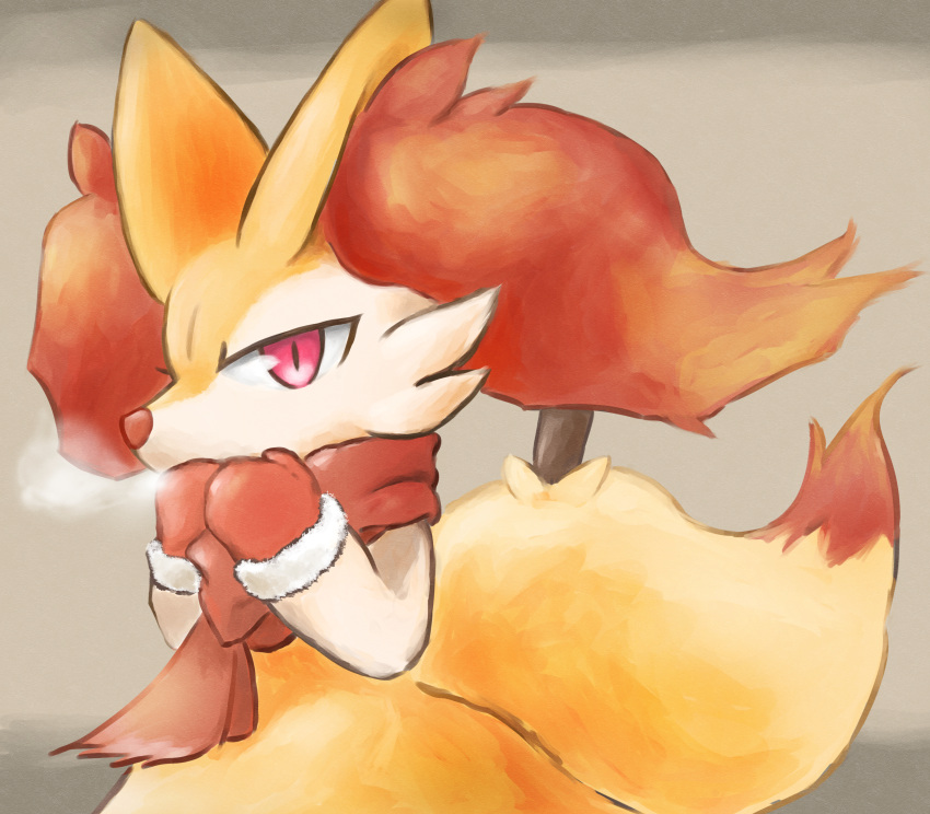 1girl, absurdres, animal_ear_fluff, animal_ears, animal_nose, body_fur, braixen, breath, brown_background, clothed_pokemon, commentary_request, covered_mouth, flat_chest, fox_ears, fox_girl, fox_tail, fur-trimmed_gloves, fur_collar, fur_trim, furry, furry_female, gloves, highres, looking_at_viewer, no_humans, partial_commentary, pokemon, pokemon_(creature), red_eyes, red_gloves, red_scarf, san_(sanchimpo), scarf, simple_background, snout, solo, standing, stick, tail, two-tone_fur, upper_body, white_fur, winter_clothes, yellow_fur