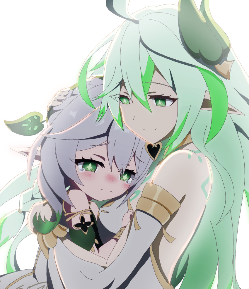 1boy, 2girls, bangs, blush, commentary_request, detached_sleeves, eyes_visible_through_hair, genshin_impact