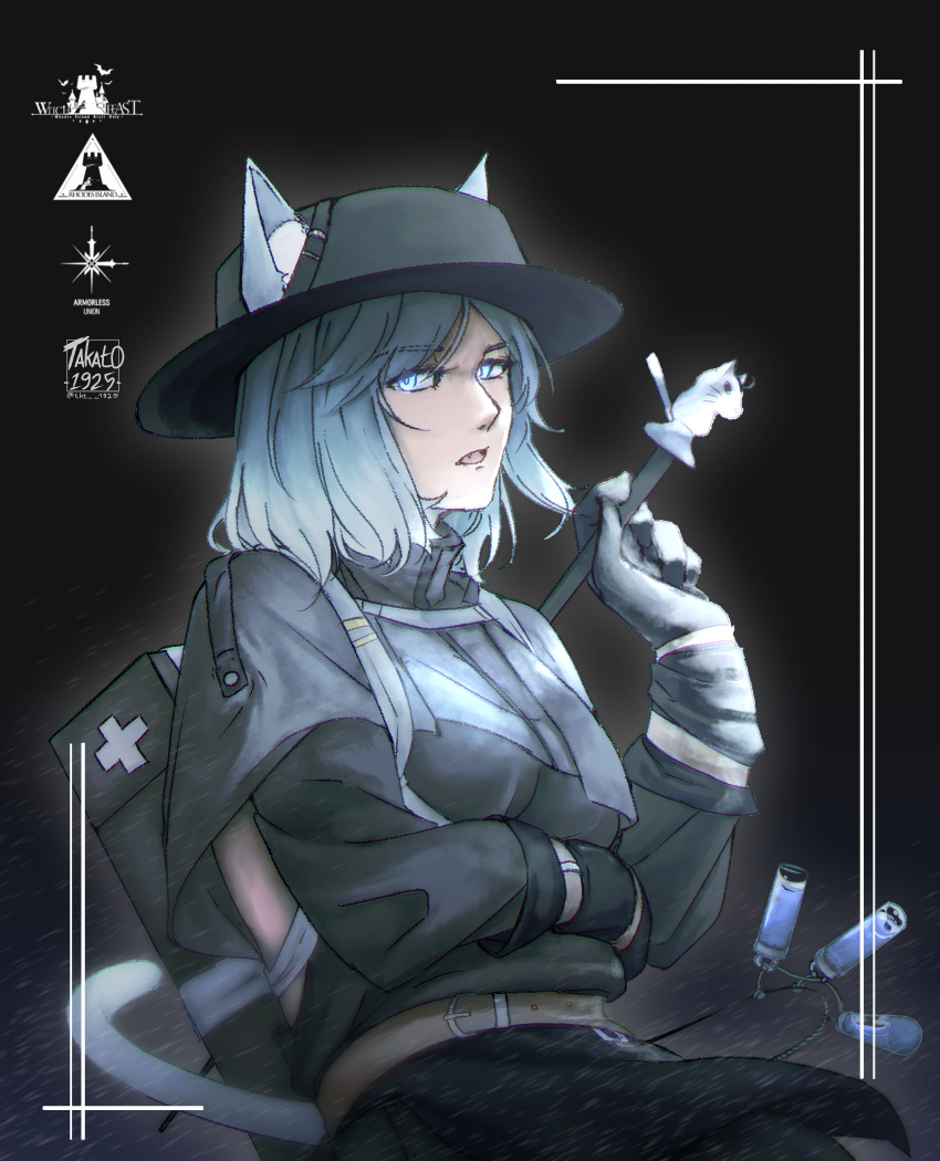 1girl, alternate_costume, animal_ears, arknights, artist_name, black_gloves, black_headwear, blue_eyes, blue_hair, cat_ears, cat_girl, cat_tail, dark_background, fang, gloves, glowing, glowing_eyes, hammer, hat, highres, looking_at_viewer, monique_(arknights), rhodes_island_logo, short_hair, solo, tail, takato1925