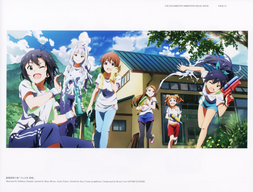 6+girls, :d, ;d, absurdres, antenna_hair, aqua_bow, artist_name, black_hair