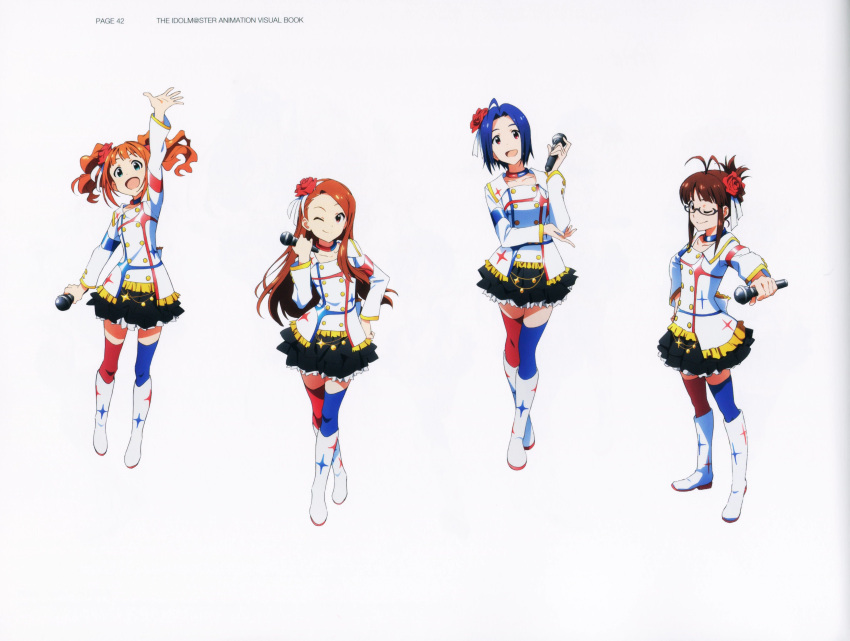 4girls, absurdres, ahoge, akizuki_ritsuko, amami_haruka, antenna_hair, arm_up, asymmetrical_legwear