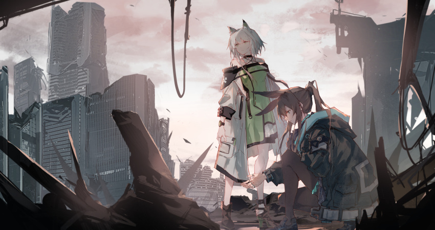 2girls, amiya_(arknights), animal_ear_fluff, animal_ears, ankle_boots, arknights, backlighting, bare_shoulders, black_coat, black_footwear, black_pantyhose, blue_eyes, boots, brown_hair, building, cat_ears, closed_mouth, clouds, cloudy_sky, coat, day, dress, full_body, green_dress, green_eyes, grey_hair, highres, hood, hood_down, hooded_coat, jacket, jewelry, kal'tsit_(arknights), ken1212ab, long_hair, long_sleeves, looking_away, looking_to_the_side, multiple_girls, multiple_rings, open_clothes, open_coat, oripathy_lesion_(arknights), outdoors, pantyhose, rabbit_ears, ring, ruins, short_hair, sky, squatting, standing, sunlight, thighlet, watch, white_coat
