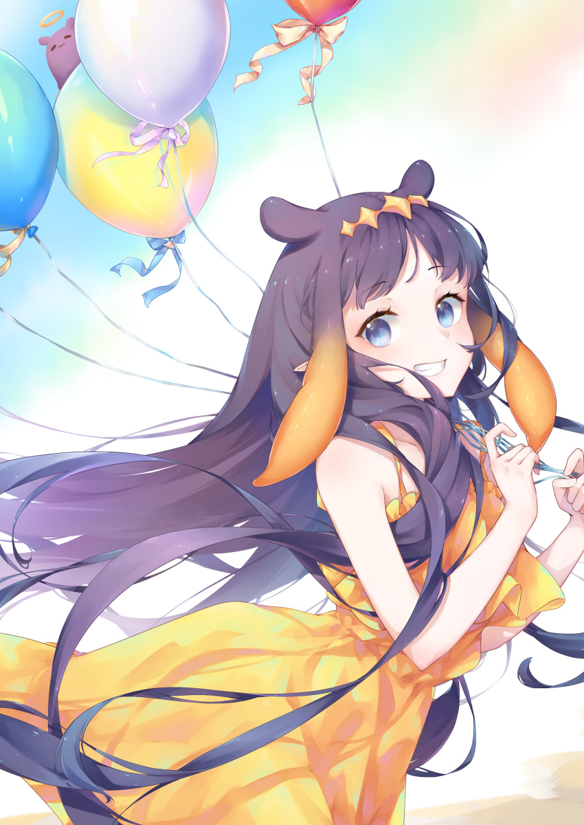 1girl, absurdres, aeon_ion, alternate_costume, animal_ears, balloon, blue_eyes, dress