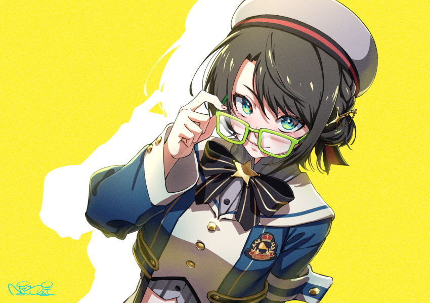 1girl, aqua_eyes, armband, bangs, black_bow, black_bowtie, black_hair, blue_jacket, bow, bowtie, braid, buttons, commentary, cropped_jacket, cropped_shirt, dutch_angle, french_braid, glasses, grey-framed_eyewear, grey_headwear, grey_shirt, hair_ornament, hairclip, hat, high_collar, hololive, jacket, long_sleeves, looking_at_viewer, nisui_noki, official_alternate_costume, official_alternate_hairstyle, oozora_subaru, persona, persona_4, sailor_hat, shirt, short_hair, signature, silhouette, sleeve_cuffs, smile, solo, star_(symbol), striped, striped_shirt, swept_bangs, upper_body, vertical-striped_shirt, vertical_stripes, virtual_youtuber, yellow_background