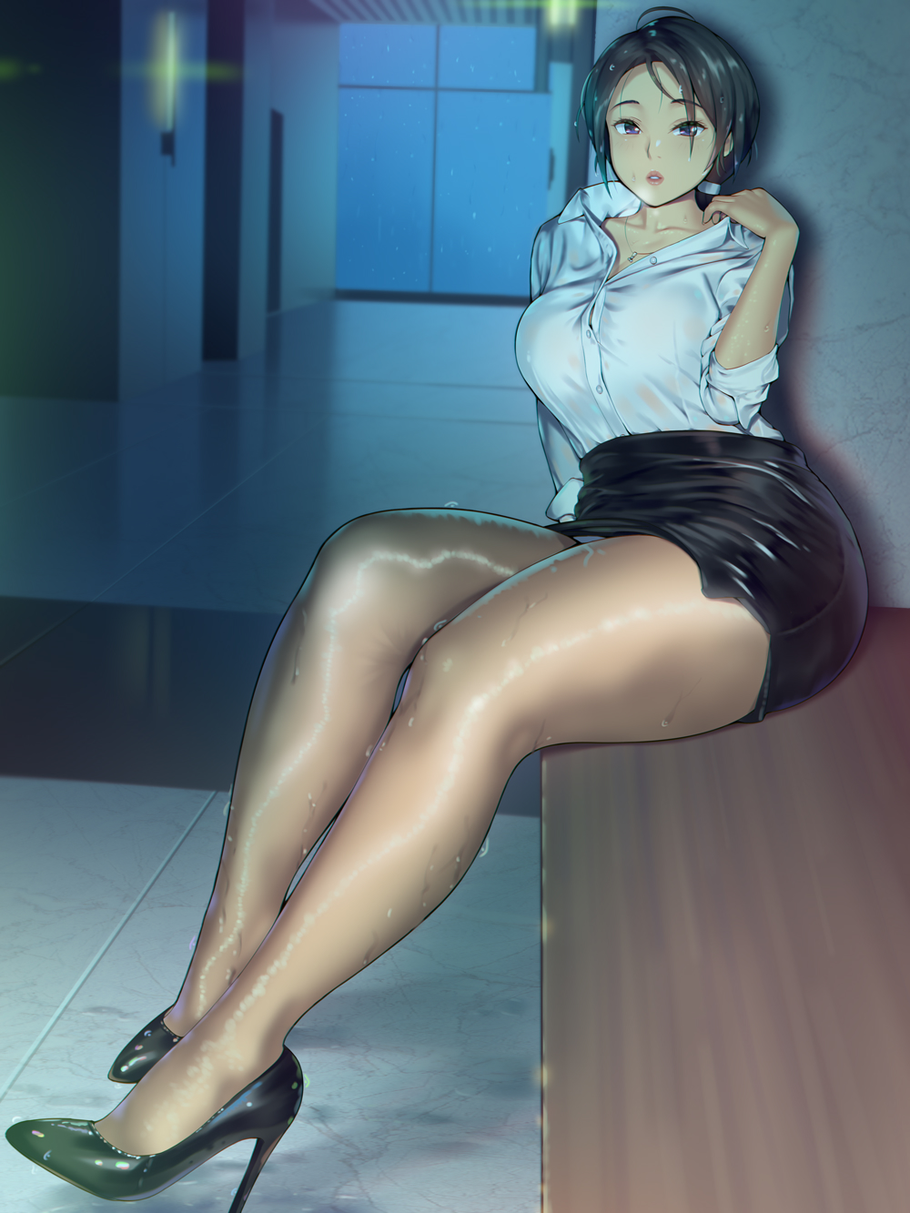 1girl, a.x., bench, black_footwear, black_hair, black_skirt, breasts, collarbone