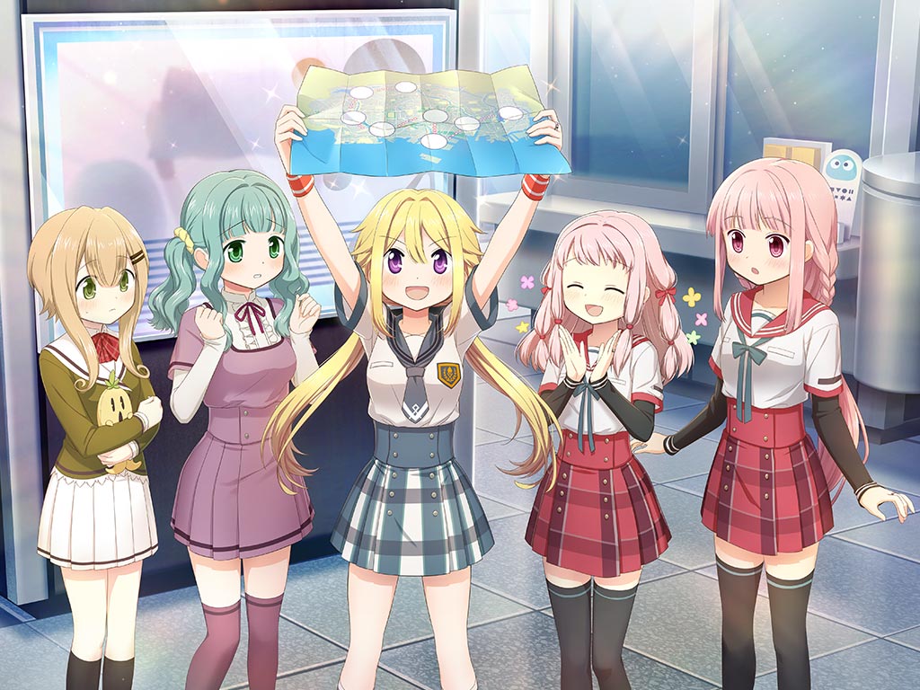 5girls, :d, :o, aqua_ribbon, arms_at_sides, arms_up, bangs, black_legwear, black_sleeves, black_socks, black_thighhighs, blazer, blonde_hair, blue_necktie, blue_sailor_collar, blue_skirt, blunt_bangs, blush, bow, bowtie, braid, breast_pocket, buttons, center_frills, chuuou_academy_school_uniform, clapping, clenched_hands, closed_eyes, closed_mouth, collar, collared_shirt, d, dot_nose, facing_another, feet_out_of_frame, flower, french_braid, frilled_shirt, frills, futaba_sana, game_cg, gingham_skirt, green_eyes, green_jacket, grey_background, hair_between_eyes, hair_ornament, hair_scrunchie, hairclip, hands_up, holding, holding_map, jacket, kamihama_university_affiliated_school_uniform, kneehighs, layered_sleeves, long_hair, long_sleeves, looking_at_another, low_ponytail, low_tied_sidelocks, low_twintails, magia_record:_mahou_shoujo_madoka_magica_gaiden, mahou_shoujo_madoka_magica, map, medium_hair, miniskirt, mitsuki_felicia, mizuna_girls'_academy_school_uniform, multi-tied_hair, multiple_girls, neck_ribbon, necktie, object_hug, official_art, open_mouth, parted_lips, pink_eyes, pink_hair, plaid, plaid_bow, plaid_bowtie, plaid_skirt, pleated_skirt, pocket, purple_ribbon, purple_shirt, purple_skirt, purple_thighhighs, red_bow, red_bowtie, red_sailor_collar, red_skirt, ribbon, sailor_collar, sailor_jacket, sailor_shirt, satori_kagome, school_emblem, school_uniform, scrunchie, serafuku, shirt, shirt_under_shirt, short_hair_with_long_locks, short_necktie, short_over_long_sleeves, short_sleeves, side_braids, sidelocks, skirt, smile, socks, stuffed_toy, sweatband, tamaki_iroha, tamaki_ui, thigh-highs, thighhighs, twin_braids, twintails, v-shaped_eyebrows, very_long_hair, wavy_hair, white_collar, white_shirt, white_skirt, yellow_scrunchie