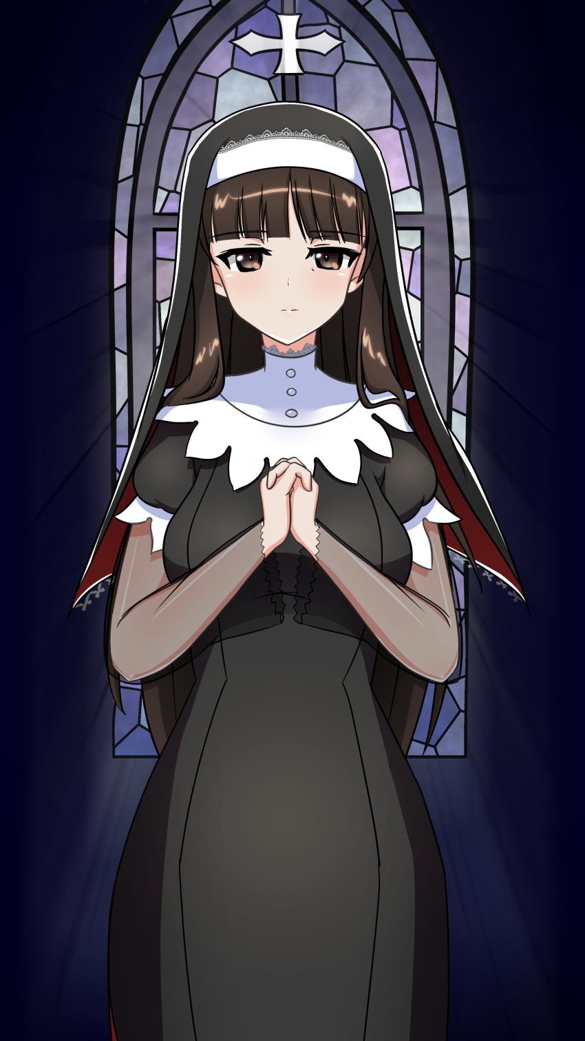 1girl, absurdres, bangs, black_dress, black_eyes, black_hair, black_headwear, blunt_bangs, brown_eyes, closed_mouth, commentary, cowboy_shot, cross, dress, earlobe1514366, girls_und_panzer, habit, halloween, halloween_costume, high_collar, highres, indoors, layered_sleeves, light_frown, long_dress, long_hair, long_sleeves, looking_at_viewer, nishizumi_shiho, nun, own_hands_together, praying, puffy_short_sleeves, puffy_sleeves, short_over_long_sleeves, short_sleeves, solo, stained_glass, standing, straight_hair, window