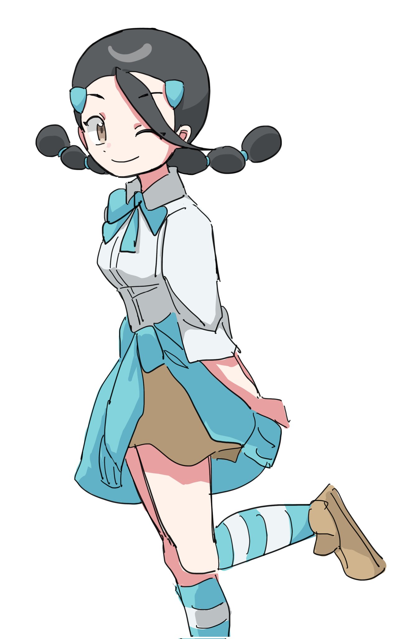 1girl, ;), black_hair, blue_sweater, brown_eyes, brown_footwear, brown_skirt, candice_(pokemon), closed_mouth, clothes_around_waist, collared_shirt, commentary_request, hair_ornament, hairclip, highres, k_imchae, kneehighs, korean_commentary, leg_up, long_hair, multi-tied_hair, one_eye_closed, pokemon, pokemon_(game), pokemon_dppt, shirt, shoes, skirt, smile, socks, solo, striped, striped_legwear, sweater, sweater_around_waist, twintails, white_shirt