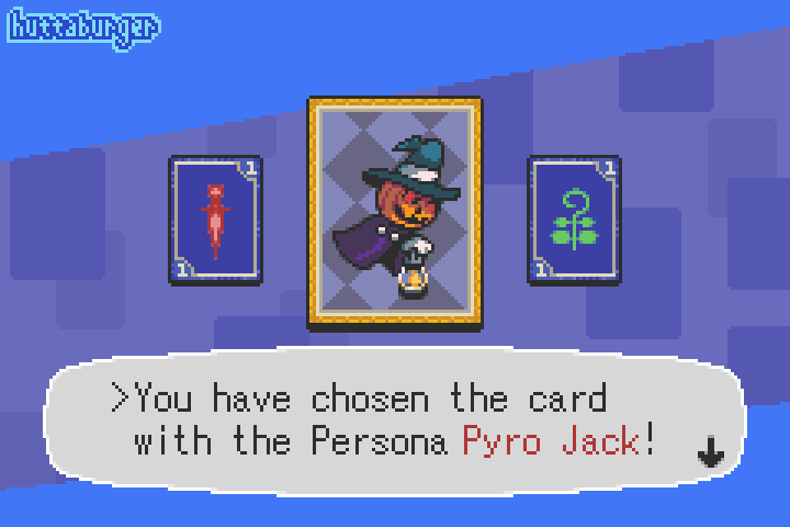 card, fake_screenshot, gameplay_mechanics, huttaburger, monster, persona, persona_3, pixel_art