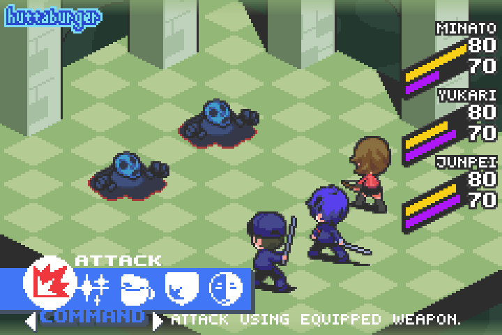 1boy, artist_name, blue_hair, bow, english_text, fake_screenshot, gameplay_mechanics, huttaburger, iori_junpei, monster, multiple_boys, persona, persona_3, pixel_art, standing, sword, takeba_yukari, weapon, yuuki_makoto
