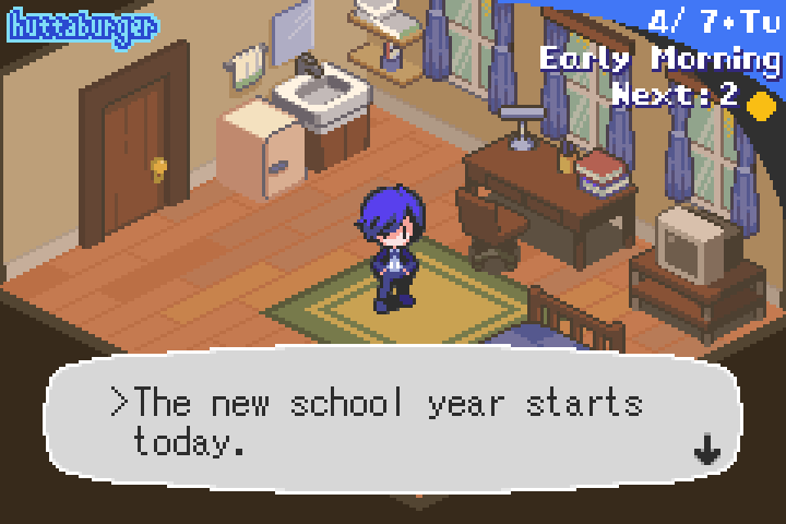 1boy, artist_name, blue_hair, english_text, fake_screenshot, gameplay_mechanics, huttaburger, persona