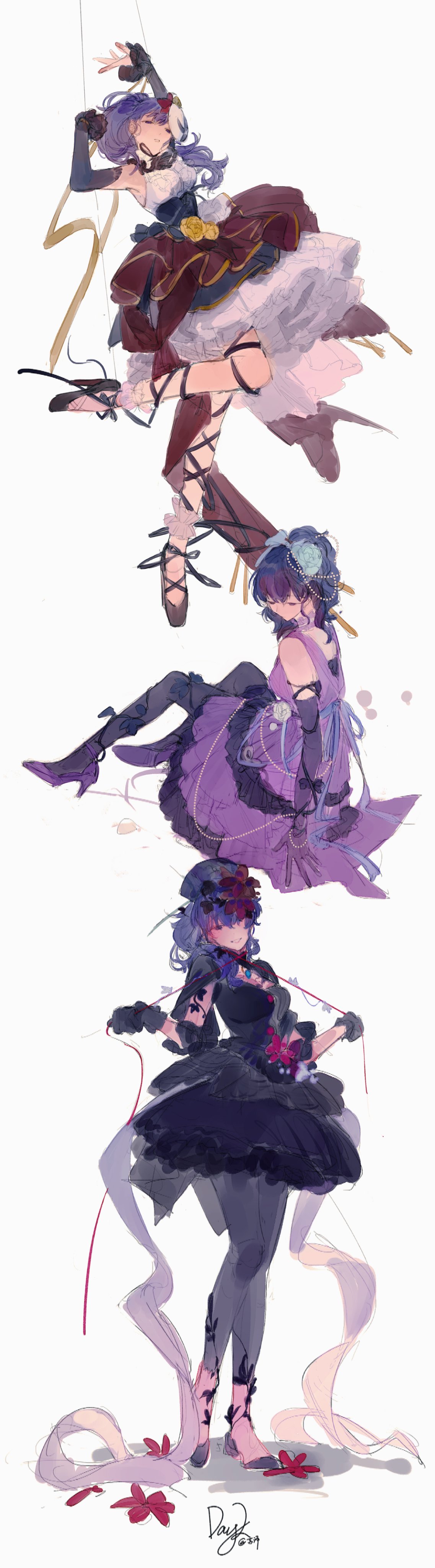 1girl, absurdres, asahina_mafuyu, ballet_slippers, black_dress, black_flower, black_pantyhose, breasts
