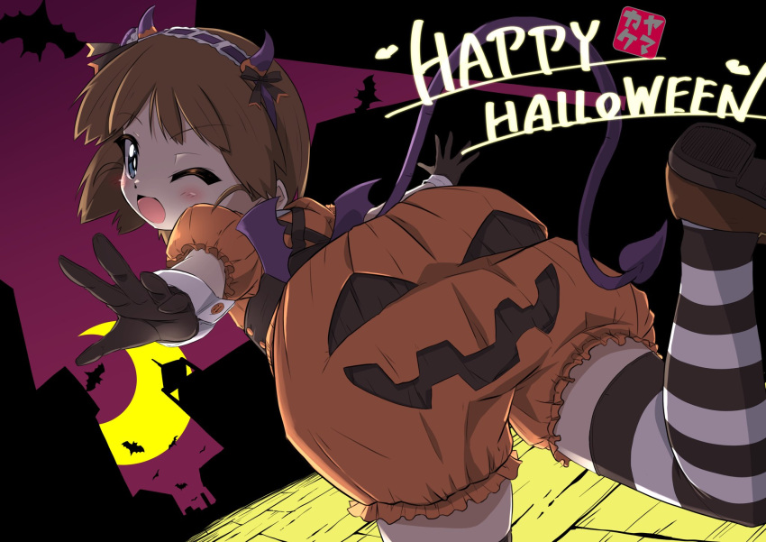 1girl, ;d, artist_logo, bangs, bat_(animal), bat_wings, black_footwear, black_gloves