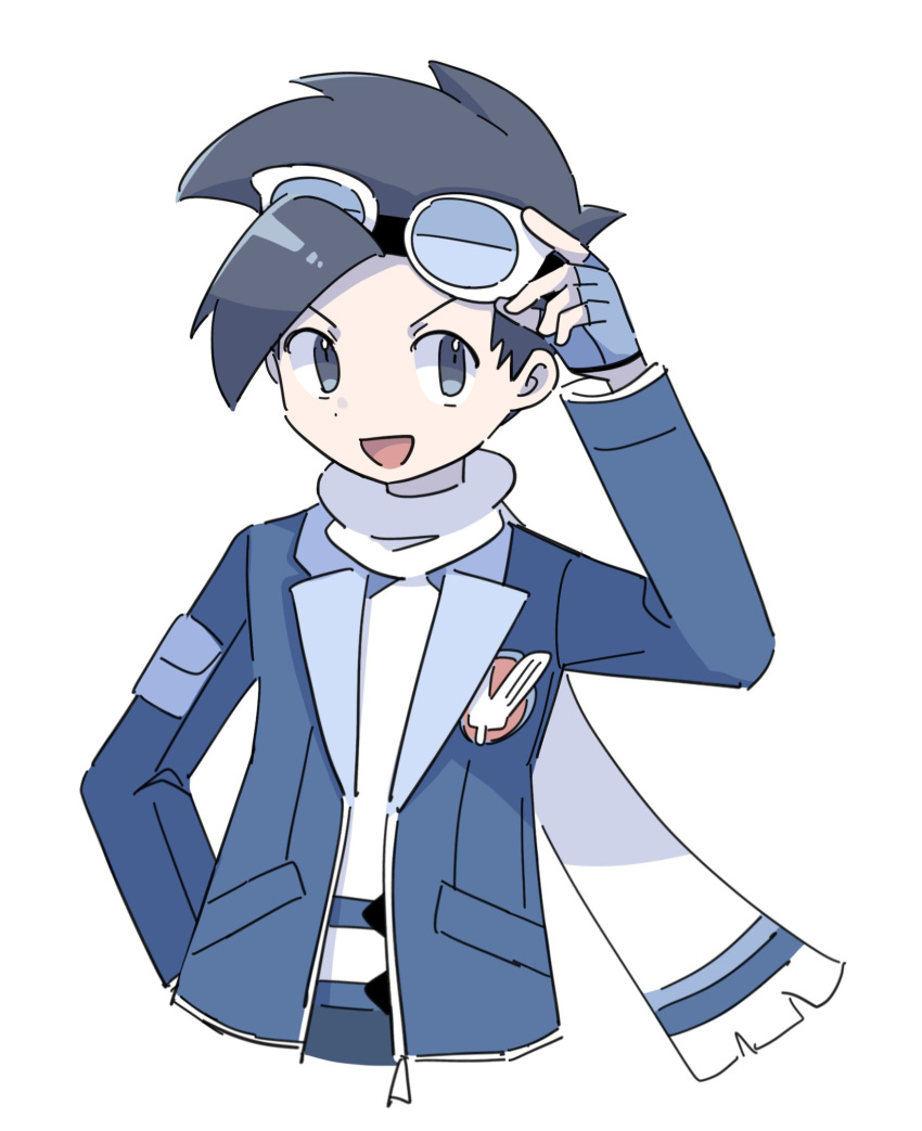 1boy, :d, adjusting_goggles, black_hair, commentary_request, ethan_(pokemon), ethan_(sygna_suit)_(pokemon), fingerless_gloves