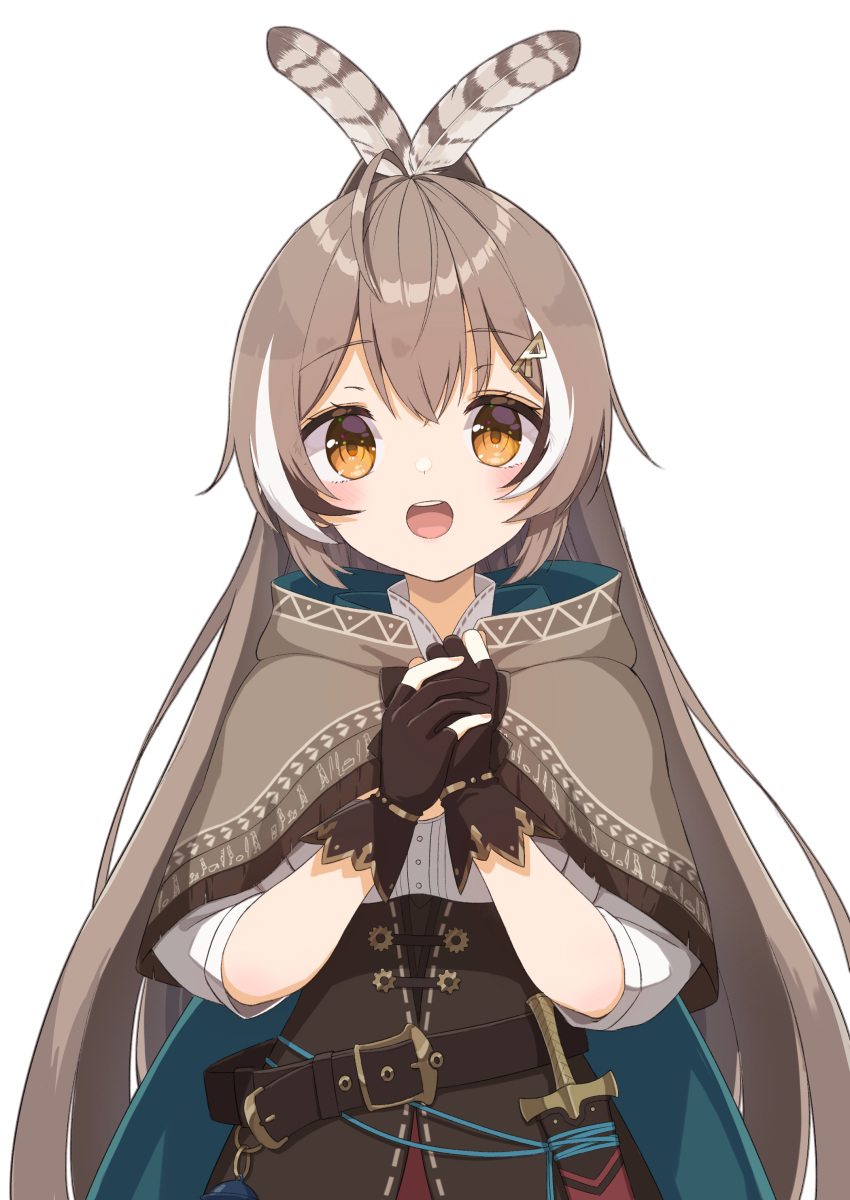 1girl, :d, absurdres, ahoge, bangs, belt, brown_capelet, brown_cloak