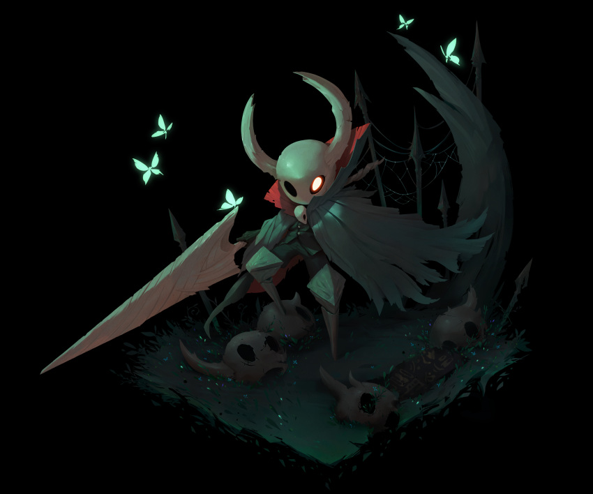 1other, 972819623datiancai, absurdres, armor, black_background, bug, butterfly, cape, character_request, gender_request, glowing, glowing_eye, highres, holding, holding_weapon, hollow_eyes, hollow_knight, horns, insect, leg_armor, no_humans, silk, simple_background, skull, solo, spider_web, standing, weapon