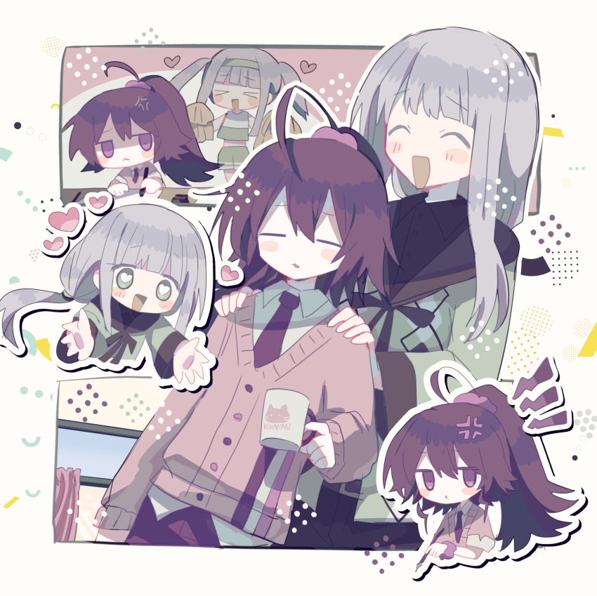 >_<, 2boys, absurdres, ahoge, anger_vein, bangs, black_ribbon, black_shirt