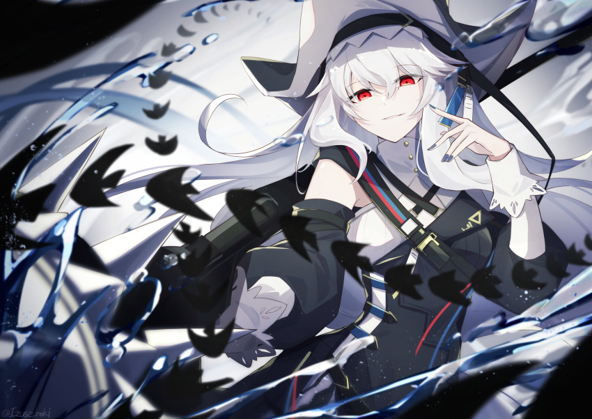1girl, absurdres, arknights, black_dress, black_headwear, black_sleeves, blue_nails, detached_sleeves, dress, hair_between_eyes, hand_up, hat, highres, izuse_reki, long_hair, looking_at_viewer, official_alternate_costume, parted_lips, red_eyes, smile, solo, specter_(arknights), specter_the_unchained_(arknights), twitter_username, upper_body, water, white_hair
