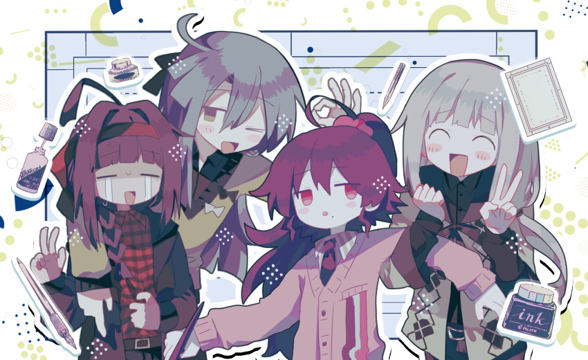 4boys, ;d, ahoge, bandana_obito, bangs, belt, black_coat, black_hairband