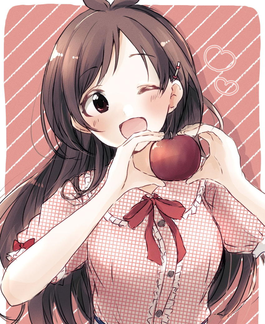 1girl, ;d, antenna_hair, ba_ra_ran, blush, breasts, brown_hair, center_frills