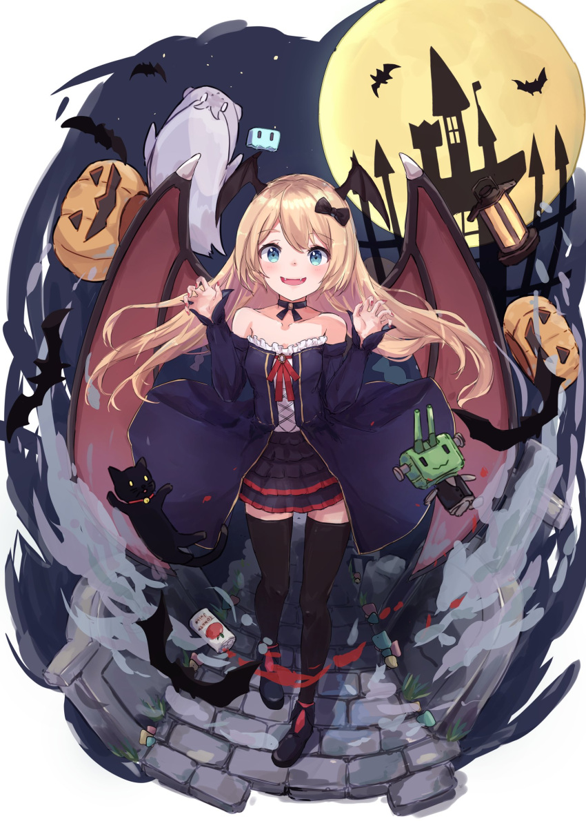 1girl, absurdres, aruka, bat, bat_wings, black_skirt, blonde_hair, blue_eyes
