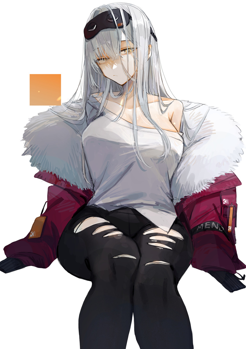 1girl, aaoshigatoutoi, absurdres, breasts, coat, frima_(nikke), fur-trimmed_coat, fur_trim, glaring, goddess_of_victory:_nikke, hair_between_eyes, highres, jacket, large_breasts, long_hair, night_vision_device, off_shoulder, open_clothes, open_coat, shirt, sitting, solo, t-shirt, thighs, torn_clothes, torn_legwear, white_hair