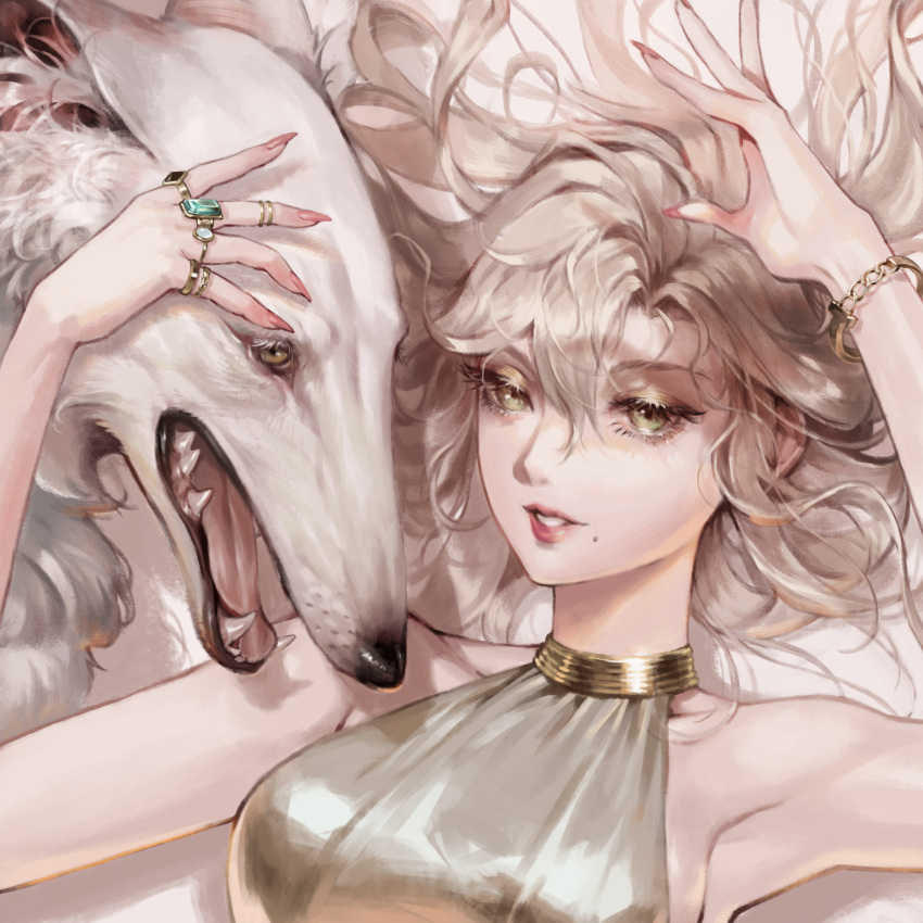 1girl, absurdres, animal, arm_up, armpits, blonde_hair, borzoi, bracelet