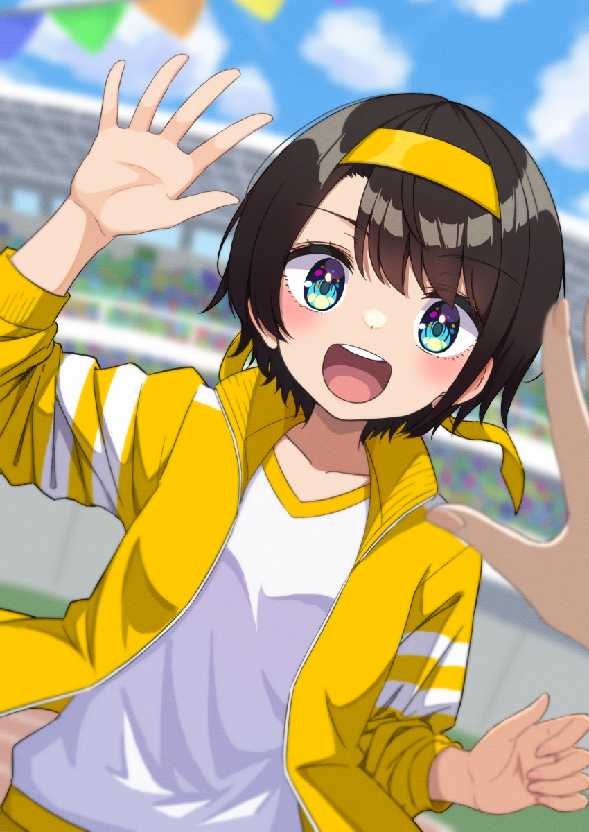 1girl, :d, absurdres, alternate_costume, bangs, black_hair, blue_eyes, blurry