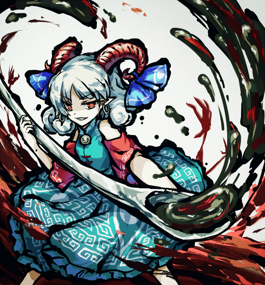 1girl, akinomiya_asuka, blue_dress, blue_hair, blue_ribbon, curled_horns, dress, earrings, highres, holding, hoop_earrings, horn_ornament, horn_ribbon, horns, jewelry, light_blue_hair, medium_hair, pointy_ears, red_eyes, ribbon, sharp_teeth, sleeveless, sleeveless_dress, smile, solo, teeth, tokiame_(style), touhou, toutetsu_yuuma